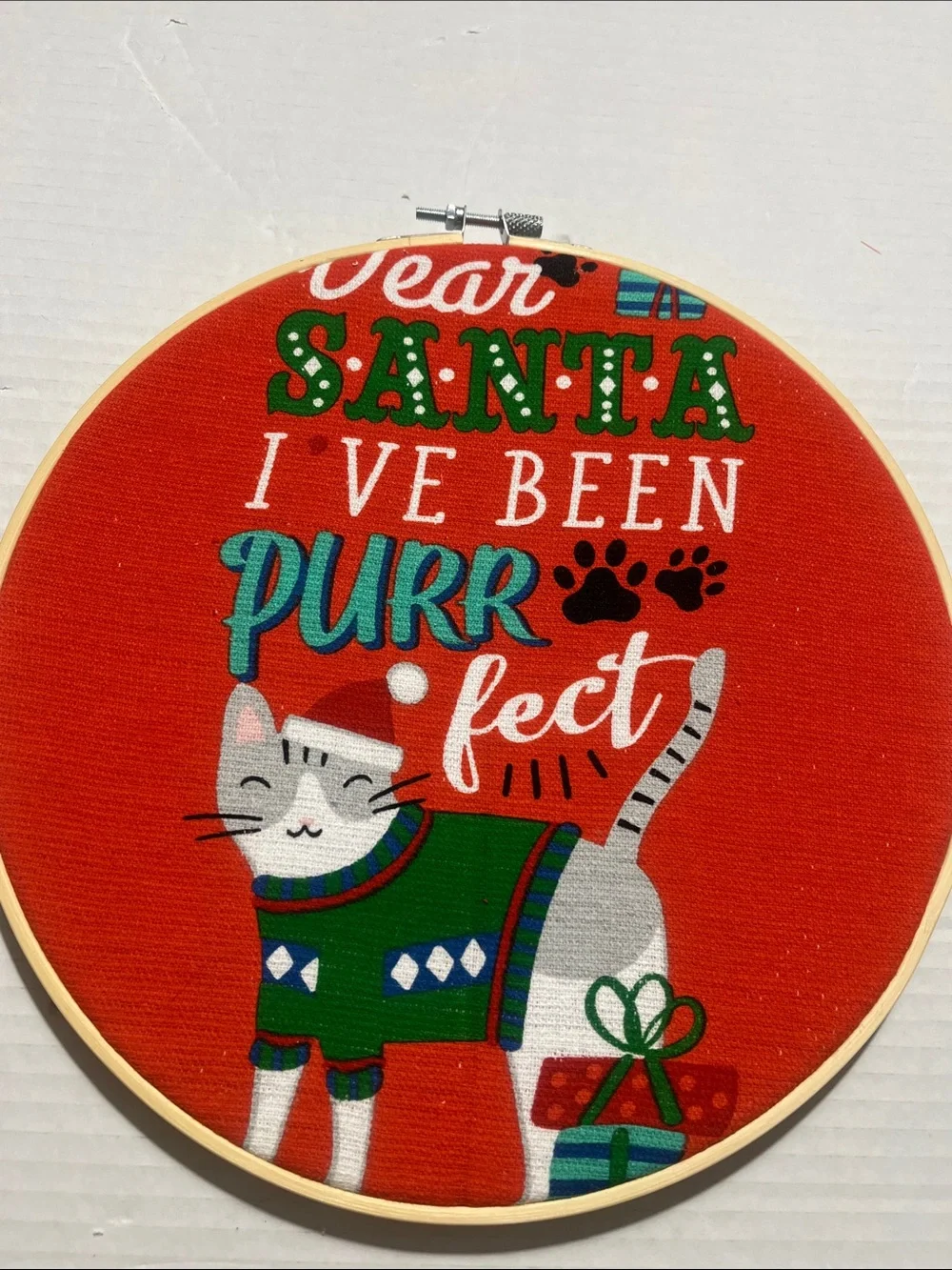 Holiday Cat Hoop Wall Art - Red Hand Crafted